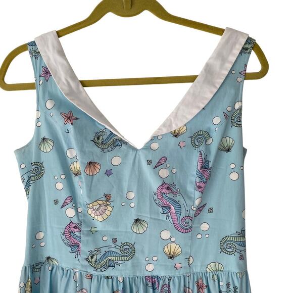 Hell Bunny Pinup Retro Sea Horse Blue Bow Dress size medium - Picture 3 of 9